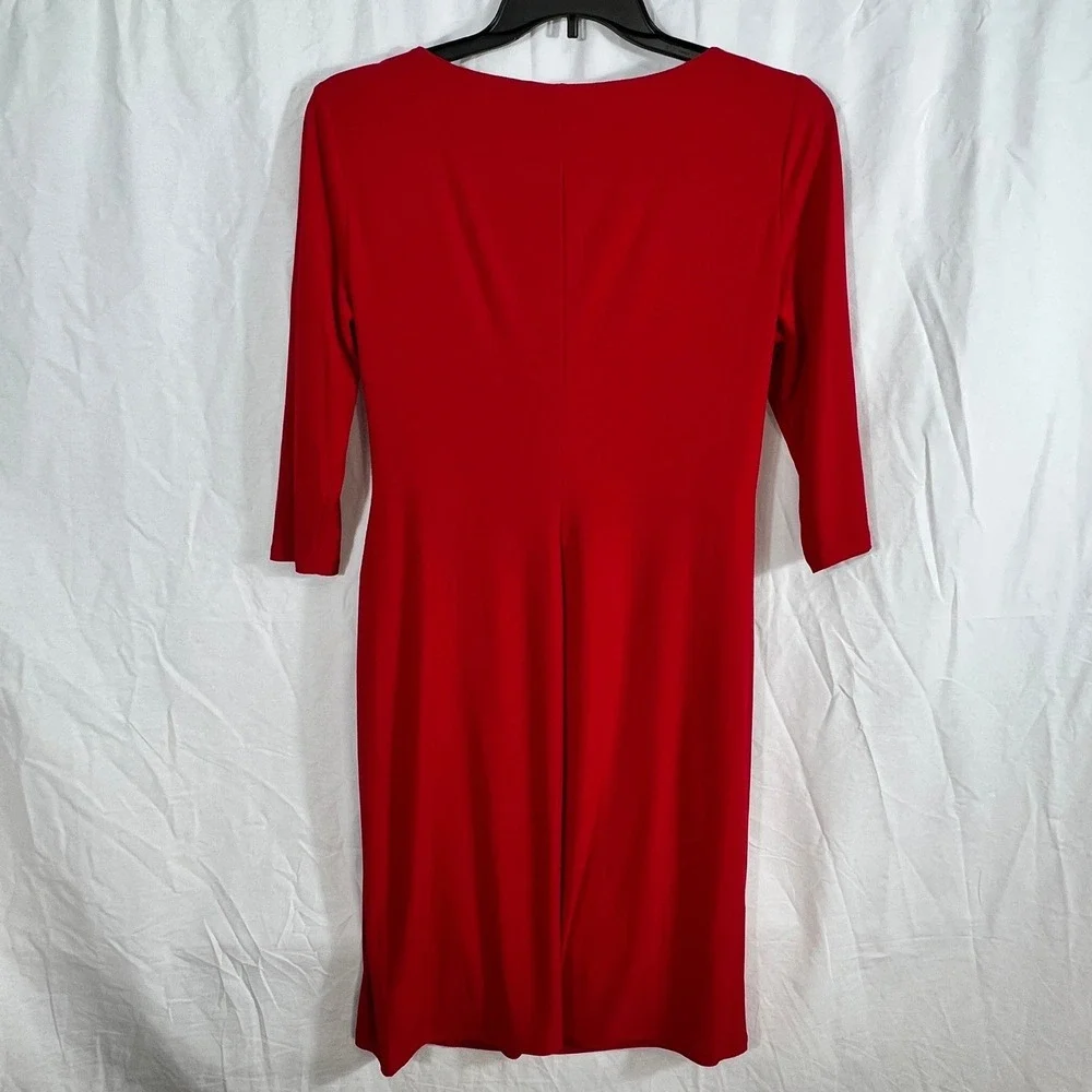Lauren Ralph Lauren Women Red Ruched Faux Wrap Sheath Dress Sz 14 V Neck Stretch